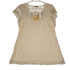 One World Edelweiss Lace Top Blouse Cream Floral Boho Women's Size L